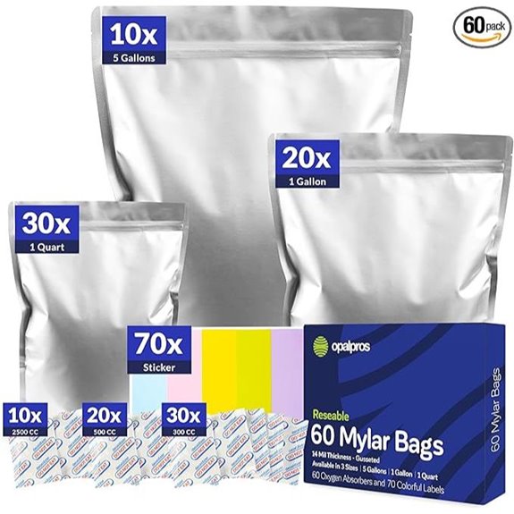 60-Pack Mylar Bags with Oxygen Absorbers for Storage