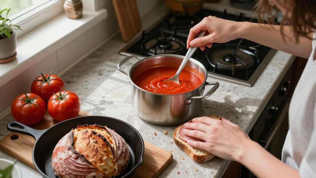 Last Of The Season Garden Fresh Tomato Soup And Homemade Sourdough Grilled Ham And Cheese